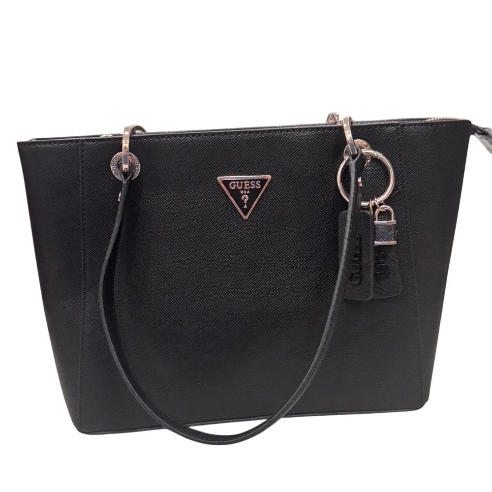GUESS Est 1981 Noelle Black Tote with Charms Dbl Compartments Zip‎ topEUC 9x12x4